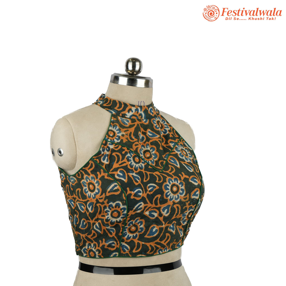 Handmade Ethnic Razor Cut Ajrakh Green and Yellow Color Blouse Design For Sarees by Festivalwala