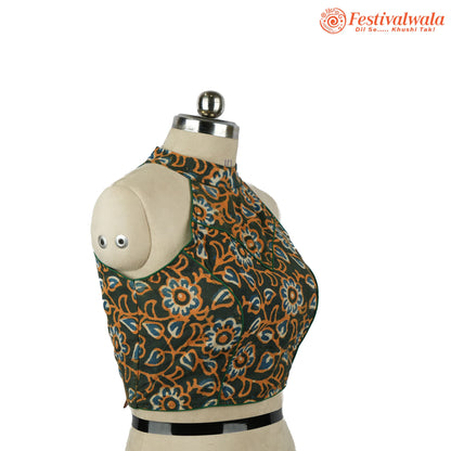 Handmade Ethnic Razor Cut Ajrakh Green and Yellow Color Blouse Design For Sarees by Festivalwala