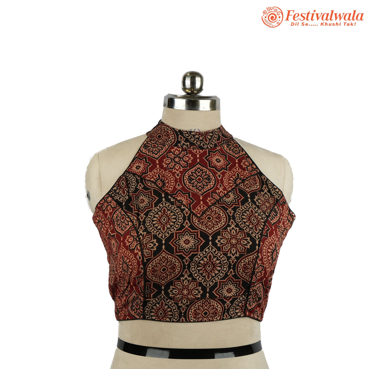 Handmade Ethnic Razor Cut Ajrakh Black and Red Color Blouse Design For Sarees by Festivalwala