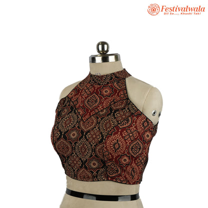 Handmade Ethnic Razor Cut Ajrakh Black and Red Color Blouse Design For Sarees by Festivalwala