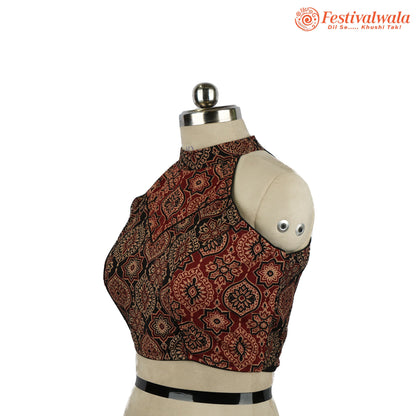 Handmade Ethnic Razor Cut Ajrakh Black and Red Color Blouse Design For Sarees by Festivalwala