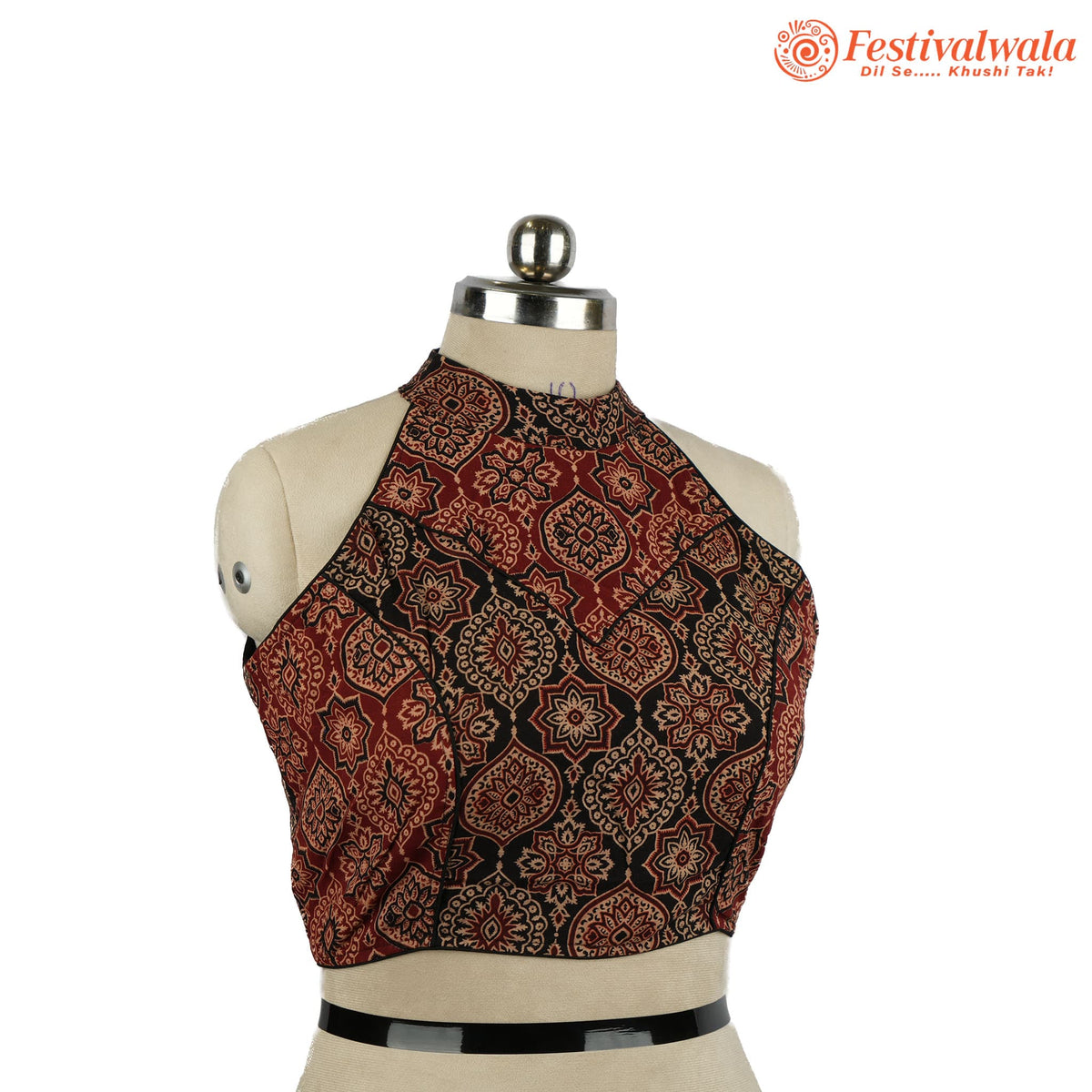 Handmade Ethnic Razor Cut Ajrakh Black and Red Color Blouse Design For Sarees by Festivalwala