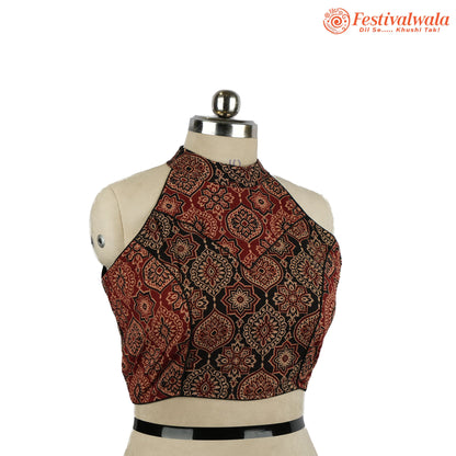 Handmade Ethnic Razor Cut Ajrakh Black and Red Color Blouse Design For Sarees by Festivalwala