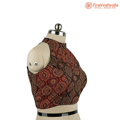 Handmade Ethnic Razor Cut Ajrakh Black and Red Color Blouse Design For Sarees by Festivalwala