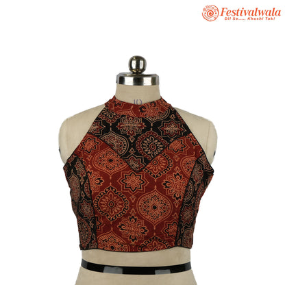 Handmade Ethnic Razor Cut Ajrakh Black and Maroon Color Blouse Design For Sarees by Festivalwala