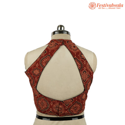 Handmade Ethnic Razor Cut Ajrakh Black and Maroon Color Blouse Design For Sarees by Festivalwala