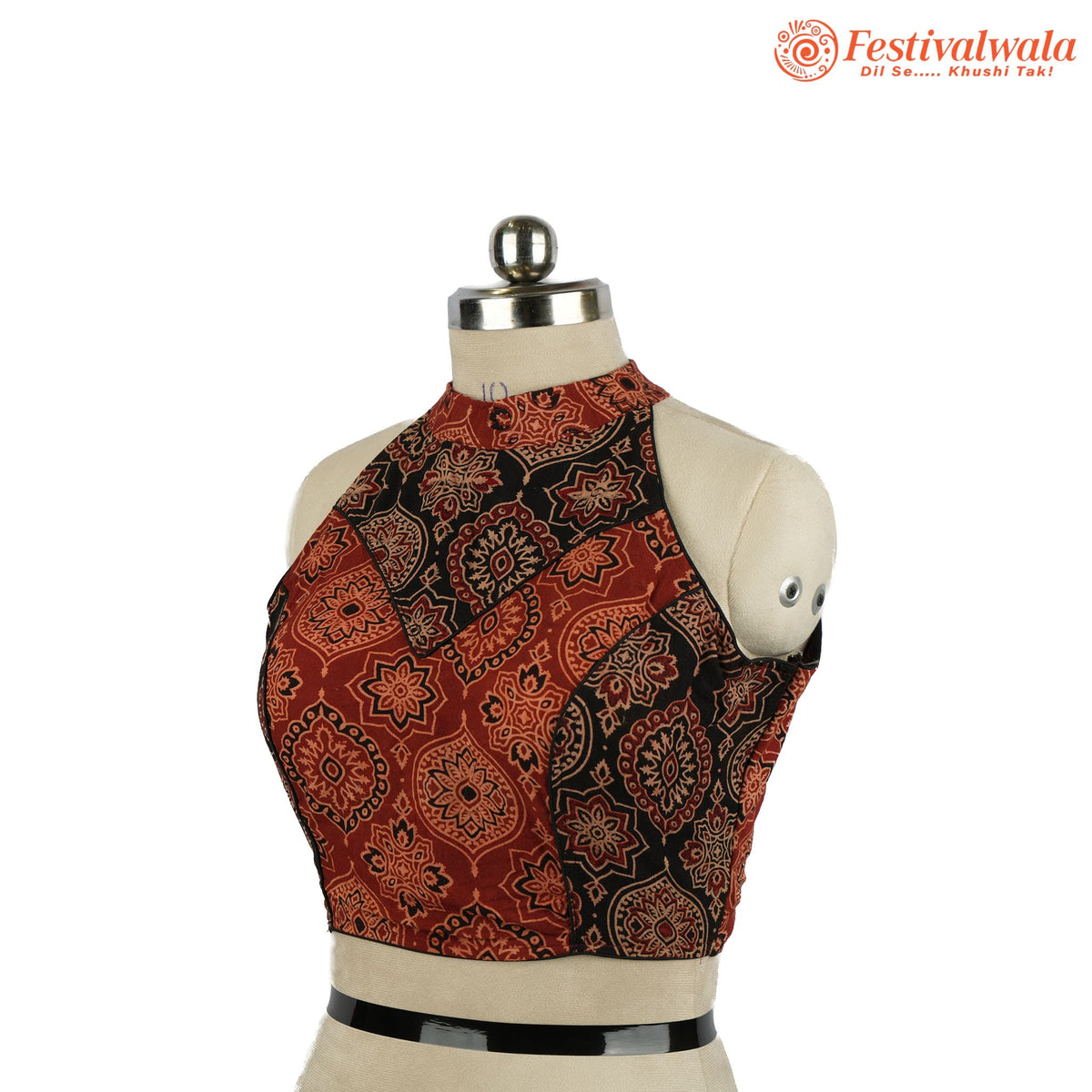 Handmade Ethnic Razor Cut Ajrakh Black and Maroon Color Blouse Design For Sarees by Festivalwala