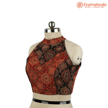 Handmade Ethnic Razor Cut Ajrakh Black and Maroon Color Blouse Design For Sarees by Festivalwala