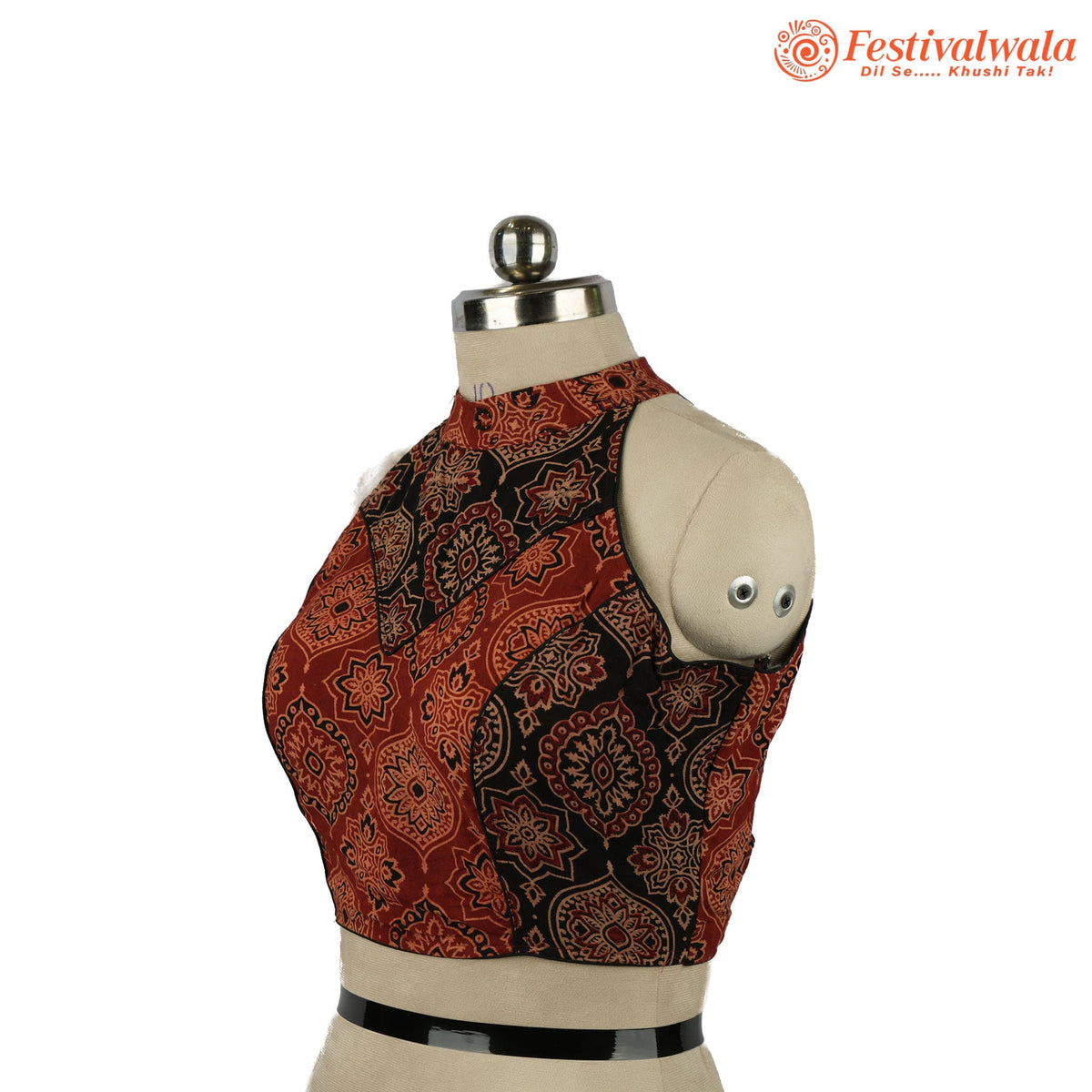 Handmade Ethnic Razor Cut Ajrakh Black and Maroon Color Blouse Design For Sarees by Festivalwala
