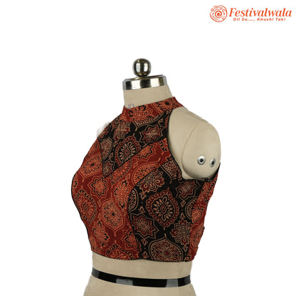 Handmade Ethnic Razor Cut Ajrakh Black and Maroon Color Blouse Design For Sarees by Festivalwala