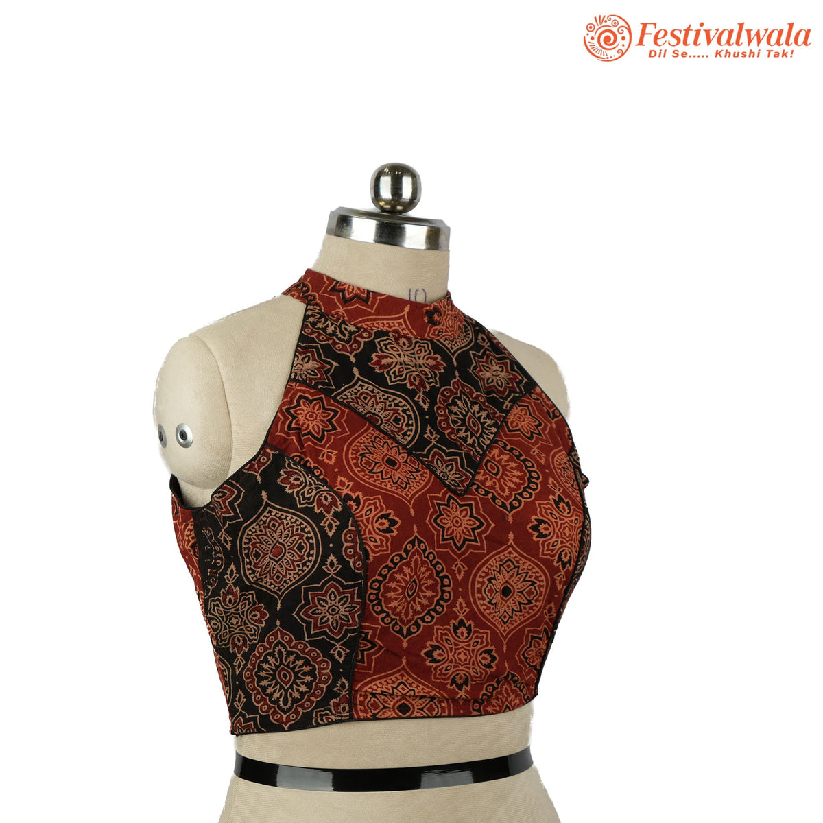 Handmade Ethnic Razor Cut Ajrakh Black and Maroon Color Blouse Design For Sarees by Festivalwala