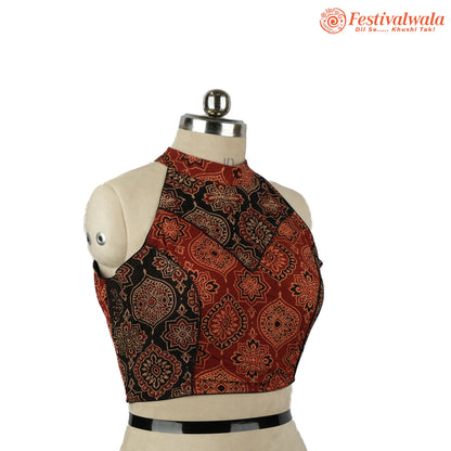 Handmade Ethnic Razor Cut Ajrakh Black and Maroon Color Blouse Design For Sarees by Festivalwala