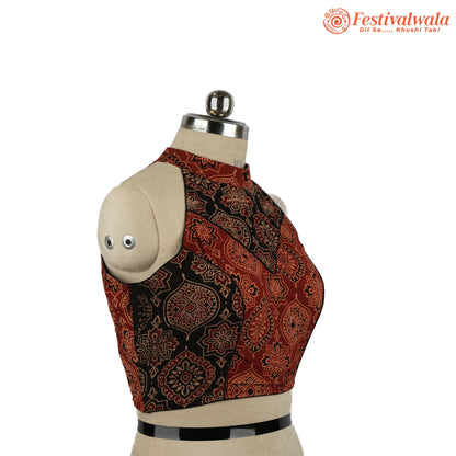 Handmade Ethnic Razor Cut Ajrakh Black and Maroon Color Blouse Design For Sarees by Festivalwala