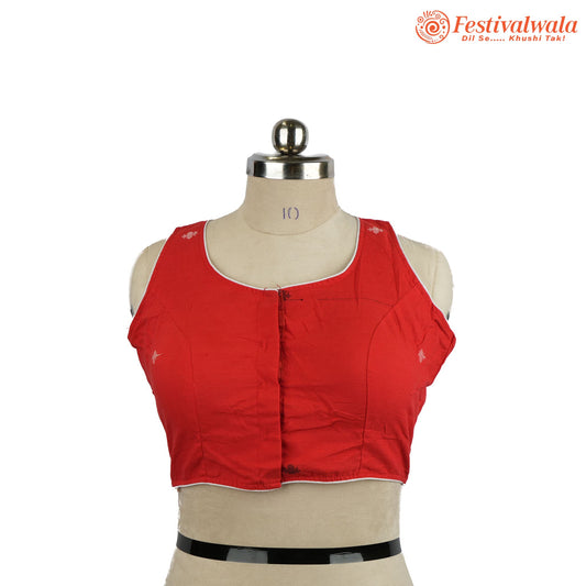 Handmade Ethnic Jamdani Kantha Red Color Blouse Design For Sarees by Festivalwala