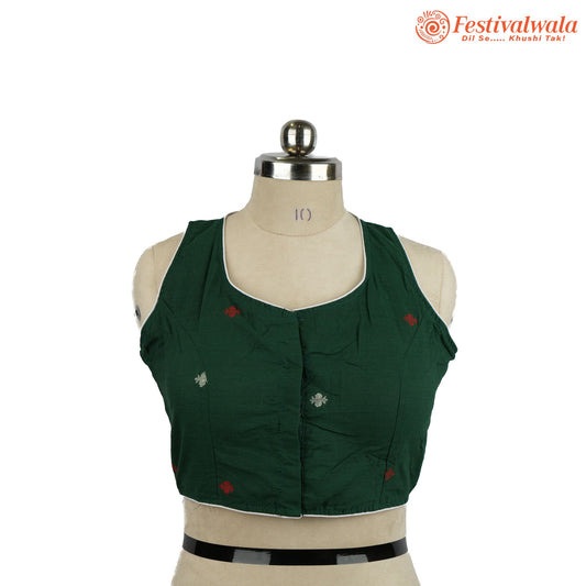 Handmade Ethnic Jamdani Kantha Dark Green Color Blouse Design For Sarees by Festivalwala