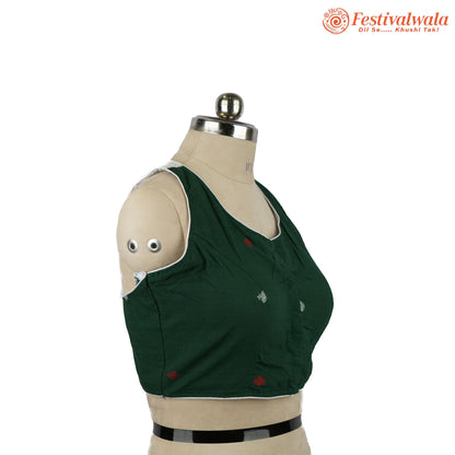 Handmade Ethnic Jamdani Kantha Dark Green Color Blouse Design For Sarees by Festivalwala