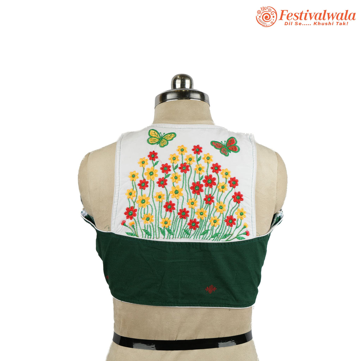 Handmade Ethnic Jamdani Kantha Dark Green Color Blouse Design For Sarees by Festivalwala