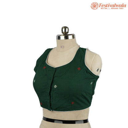Handmade Ethnic Jamdani Kantha Dark Green Color Blouse Design For Sarees by Festivalwala