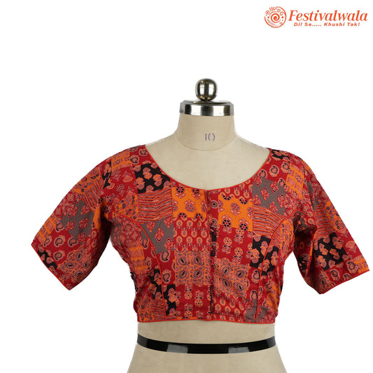 Handmade Ethnic Ajrakh Print Red Color Blouse Design For Sarees by Festivalwala