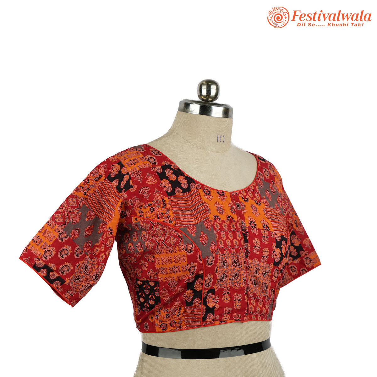 Handmade Ethnic Ajrakh Print Red Color Blouse Design For Sarees by Festivalwala