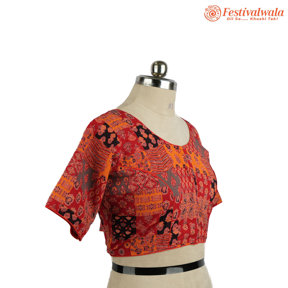 Handmade Ethnic Ajrakh Print Red Color Blouse Design For Sarees by Festivalwala