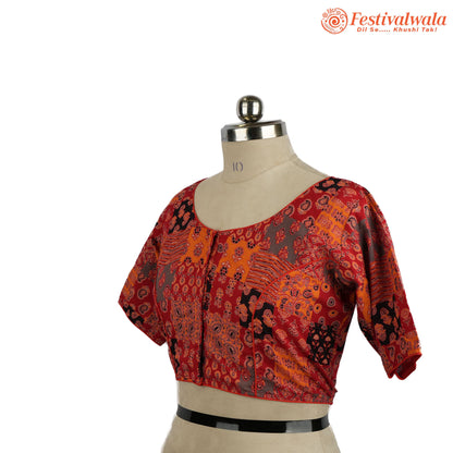 Handmade Ethnic Ajrakh Print Red Color Blouse Design For Sarees by Festivalwala