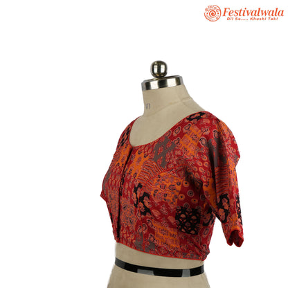 Handmade Ethnic Ajrakh Print Red Color Blouse Design For Sarees by Festivalwala
