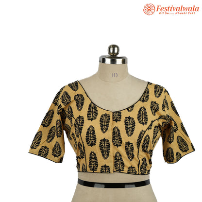 Handmade Ethnic Ajrakh Print Cream and Black Color Blouse Design For Sarees by Festivalwala