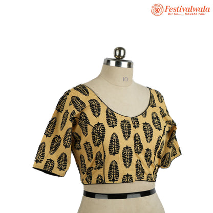 Handmade Ethnic Ajrakh Print Cream and Black Color Blouse Design For Sarees by Festivalwala