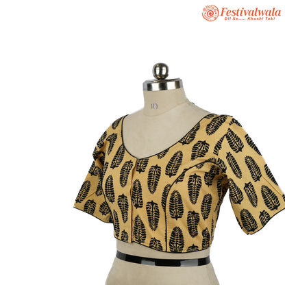 Handmade Ethnic Ajrakh Print Cream and Black Color Blouse Design For Sarees by Festivalwala