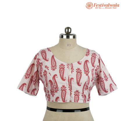 Handmade Ethnic Ajrakh Print White and Red Color Blouse Design For Sarees by Festivalwala