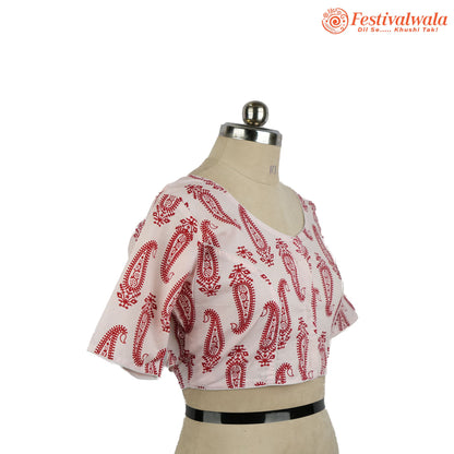 Handmade Ethnic Ajrakh Print White and Red Color Blouse Design For Sarees by Festivalwala