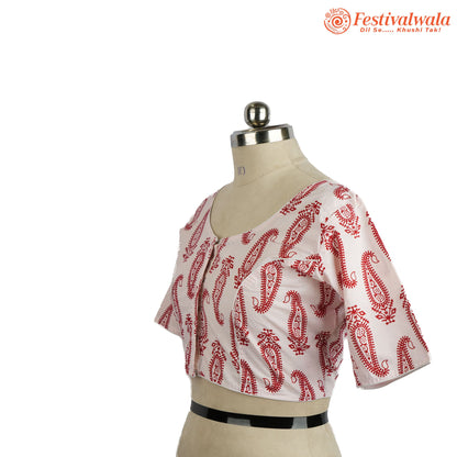 Handmade Ethnic Ajrakh Print White and Red Color Blouse Design For Sarees by Festivalwala