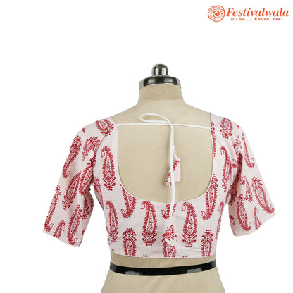 Handmade Ethnic Ajrakh Print White and Red Color Blouse Design For Sarees by Festivalwala