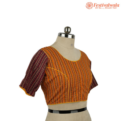 Handmade Ethnic Ajrakh Print Orange and Maroon Color Blouse Design For Sarees by Festivalwala