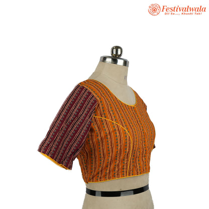 Handmade Ethnic Ajrakh Print Orange and Maroon Color Blouse Design For Sarees by Festivalwala