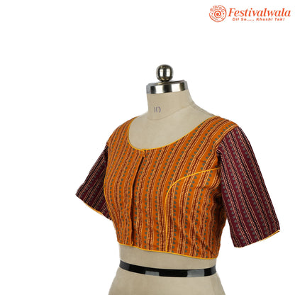 Handmade Ethnic Ajrakh Print Orange and Maroon Color Blouse Design For Sarees by Festivalwala