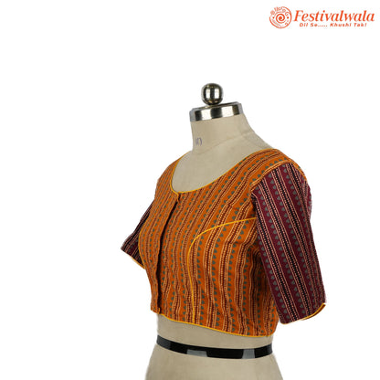 Handmade Ethnic Ajrakh Print Orange and Maroon Color Blouse Design For Sarees by Festivalwala