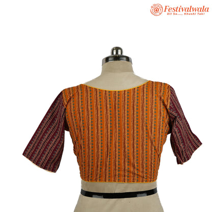 Handmade Ethnic Ajrakh Print Orange and Maroon Color Blouse Design For Sarees by Festivalwala