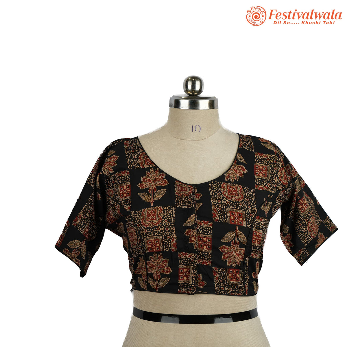 Handmade Ethnic Ajrakh Print Black and Red Color Blouse Design For Sarees by Festivalwala