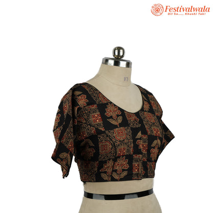 Handmade Ethnic Ajrakh Print Black and Red Color Blouse Design For Sarees by Festivalwala