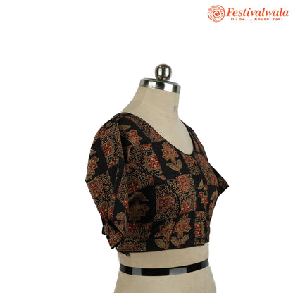 Handmade Ethnic Ajrakh Print Black and Red Color Blouse Design For Sarees by Festivalwala
