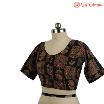 Handmade Ethnic Ajrakh Print Black and Red Color Blouse Design For Sarees by Festivalwala