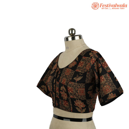 Handmade Ethnic Ajrakh Print Black and Red Color Blouse Design For Sarees by Festivalwala