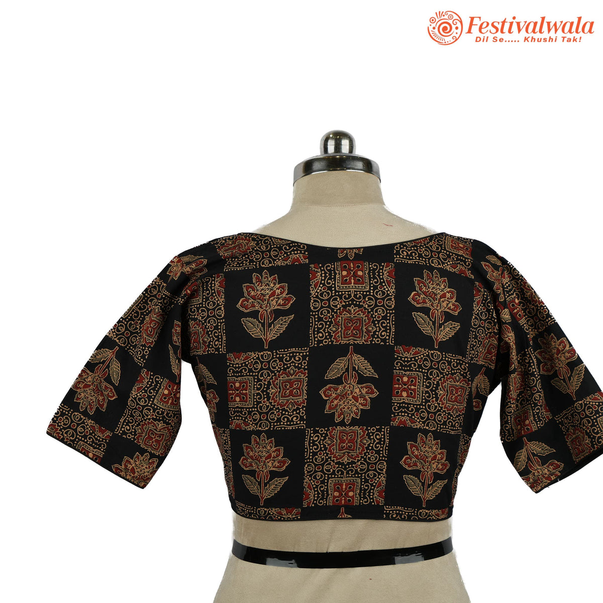 Handmade Ethnic Ajrakh Print Black and Red Color Blouse Design For Sarees by Festivalwala