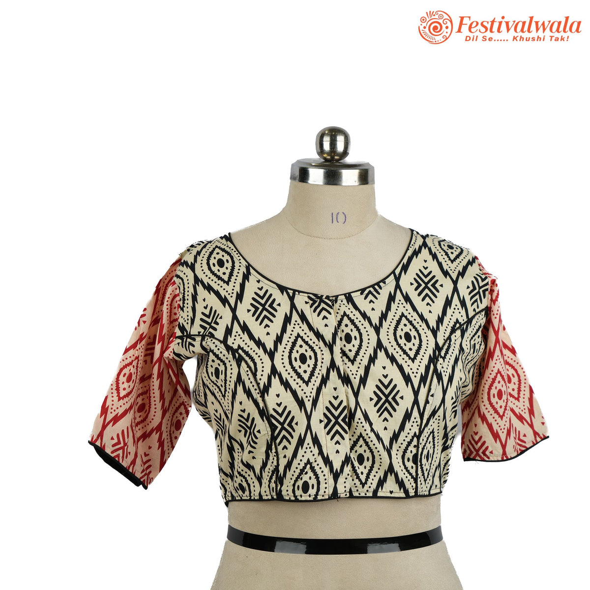 Handmade Ethnic Ajrakh Print Cream, Black and Red Color Blouse Design For Sarees by Festivalwala