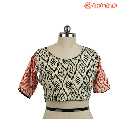 Handmade Ethnic Ajrakh Print Cream, Black and Red Color Blouse Design For Sarees by Festivalwala