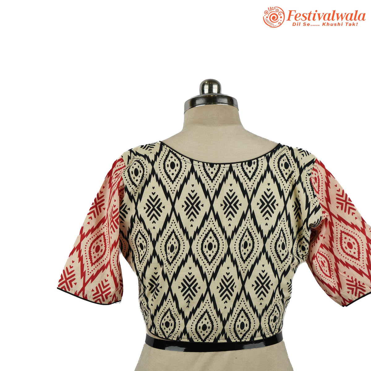 Handmade Ethnic Ajrakh Print Cream, Black and Red Color Blouse Design For Sarees by Festivalwala