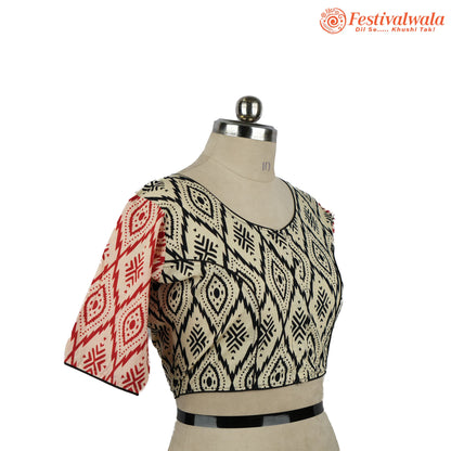 Handmade Ethnic Ajrakh Print Cream, Black and Red Color Blouse Design For Sarees by Festivalwala