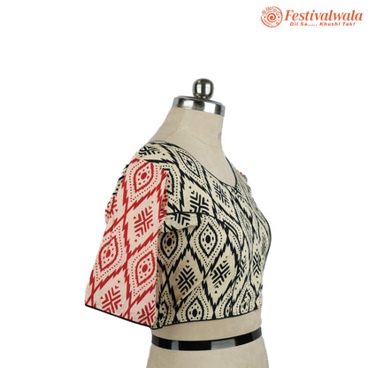 Handmade Ethnic Ajrakh Print Cream, Black and Red Color Blouse Design For Sarees by Festivalwala